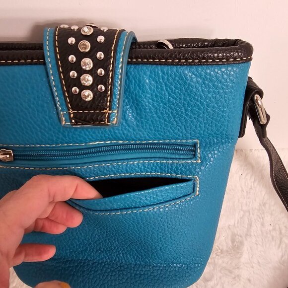 P&G Turquoise Faux Leather Western Bling Rhinestone Crossbody Bag - Picture 15 of 16